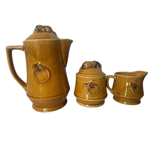 VTG MCM Japanese Teapot Tea Cream Sugar Set Ceramic Yellow Fruit Hand Painted - Picture 2 of 6